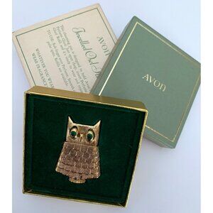 Vintage 1969 AVON Jeweled Owl Pin Glacé Perfume Brooch, Green Eyes, Original Box